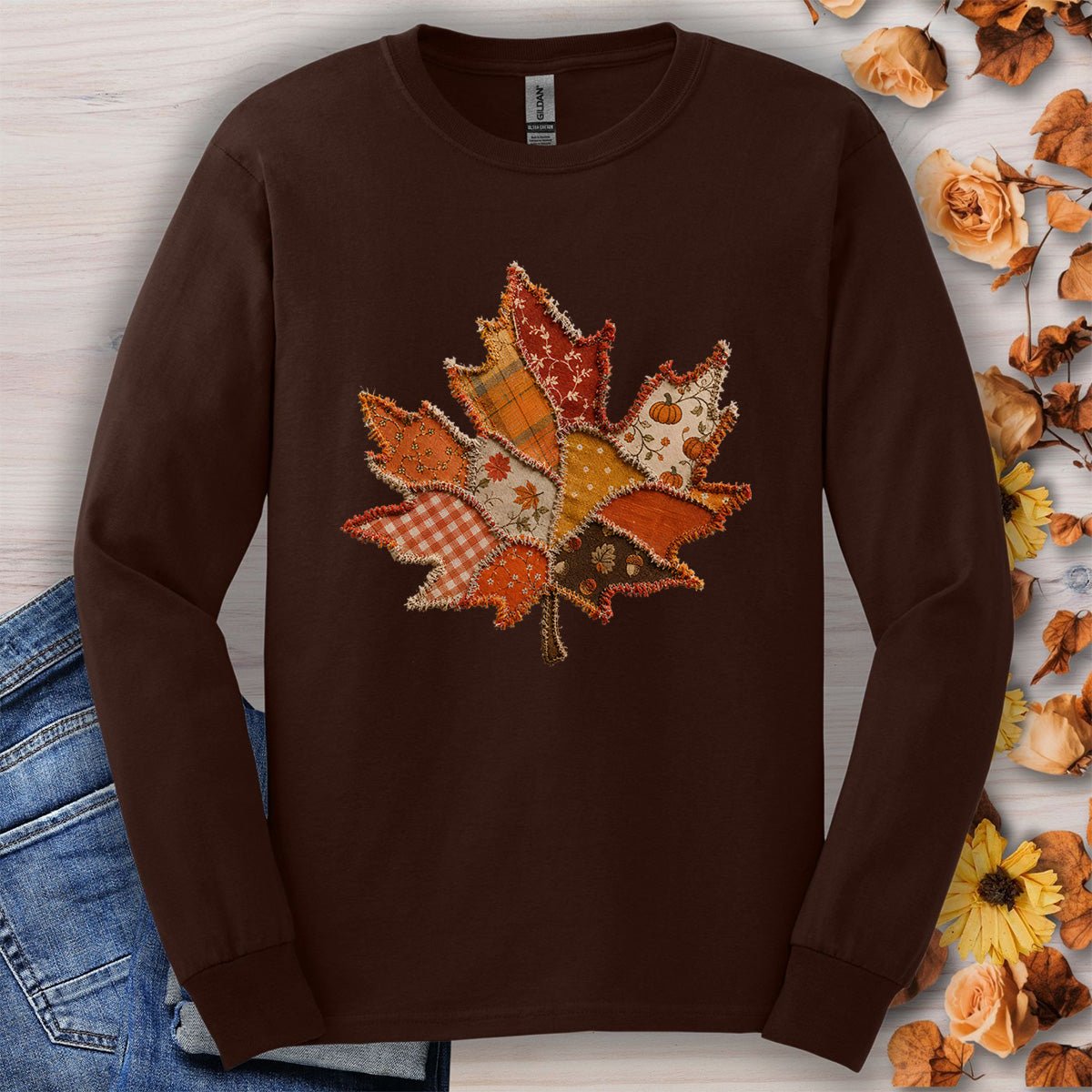 Faux Patchwork Autumn Leaf Long Sleeve Tee