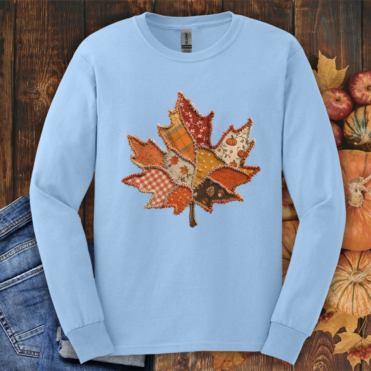 Faux Patchwork Autumn Leaf Long Sleeve Tee