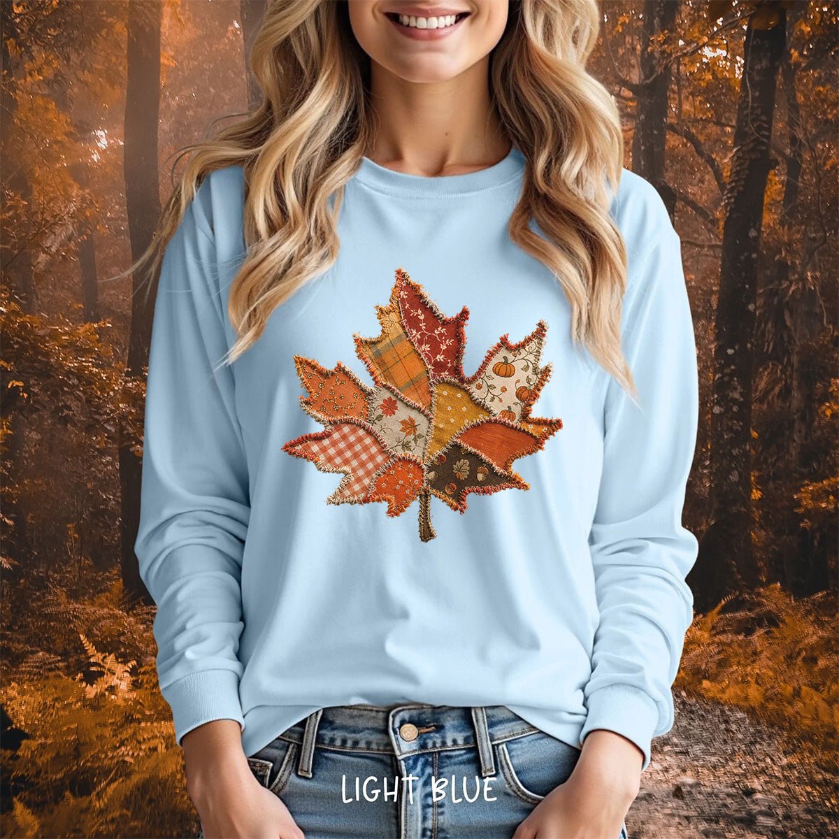 Faux Patchwork Autumn Leaf Long Sleeve Tee