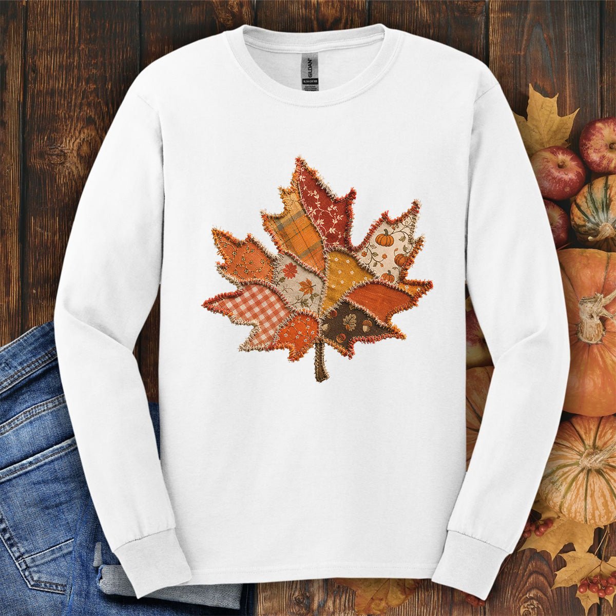 Faux Patchwork Autumn Leaf Long Sleeve Tee