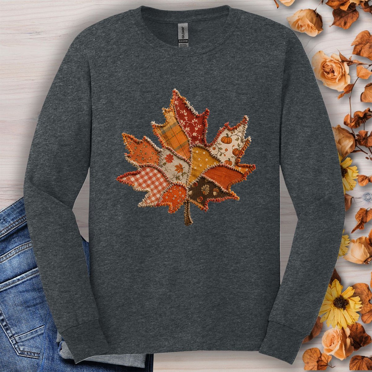 Faux Patchwork Autumn Leaf Long Sleeve Tee