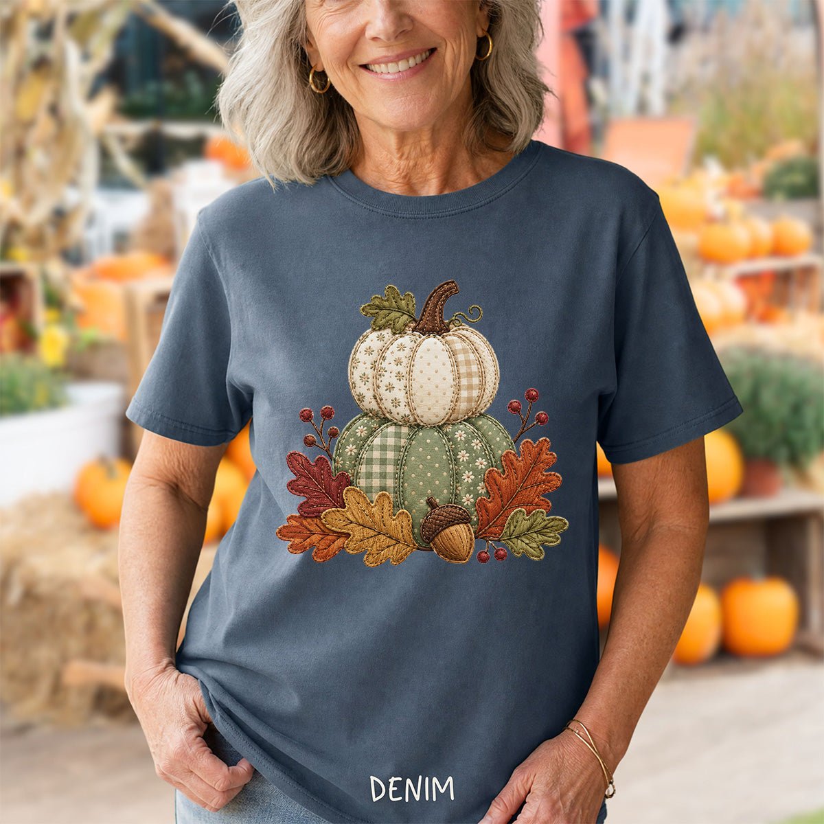 Faux Patchwork Pumpkin Harvest T-Shirt