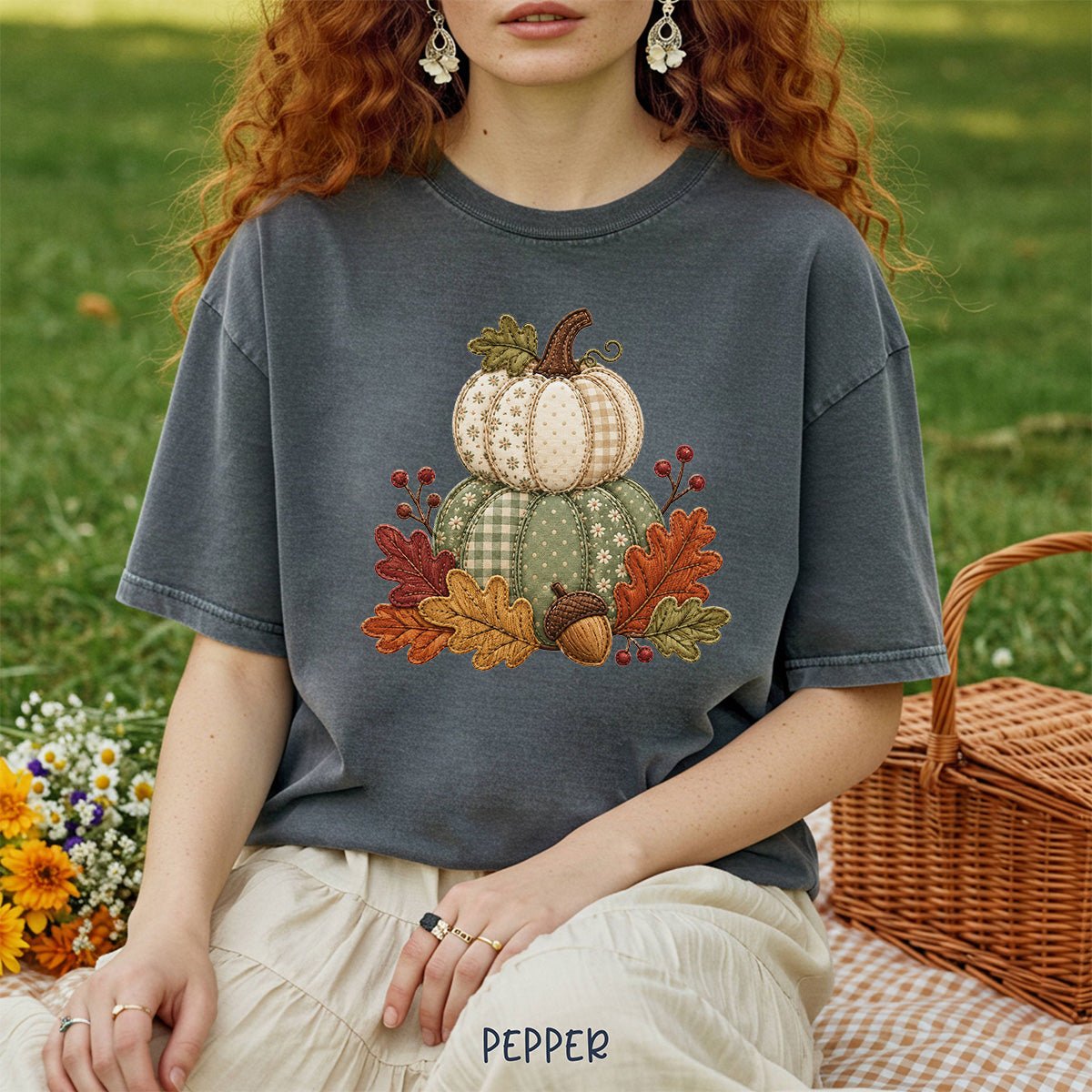 Faux Patchwork Pumpkin Harvest T-Shirt