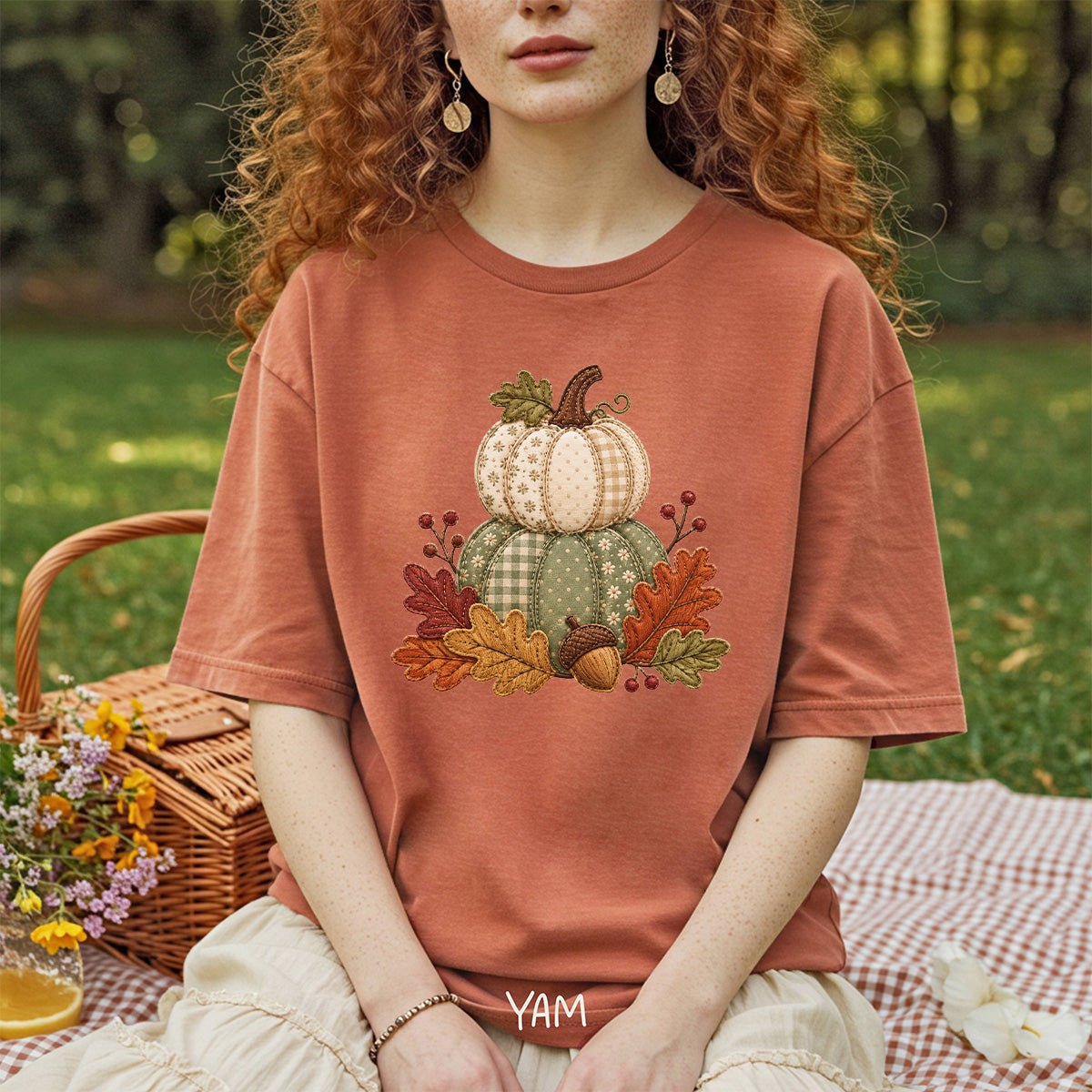 Faux Patchwork Pumpkin Harvest T-Shirt