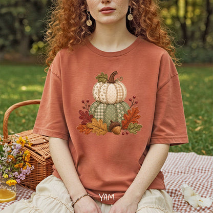 Faux Patchwork Pumpkin Harvest T-Shirt