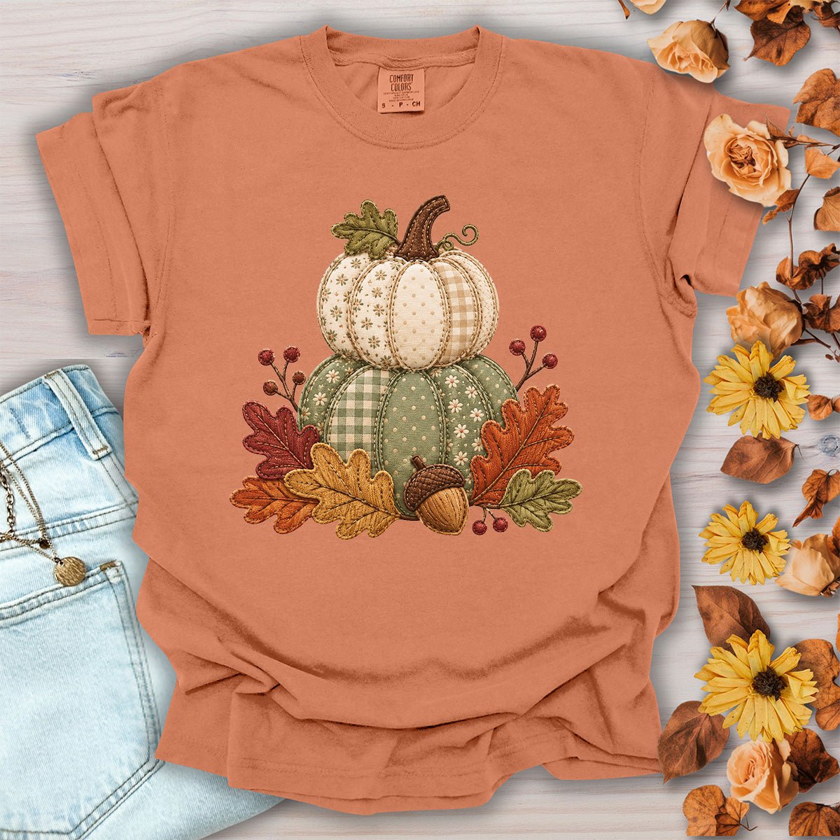 Faux Patchwork Pumpkin Harvest T-Shirt