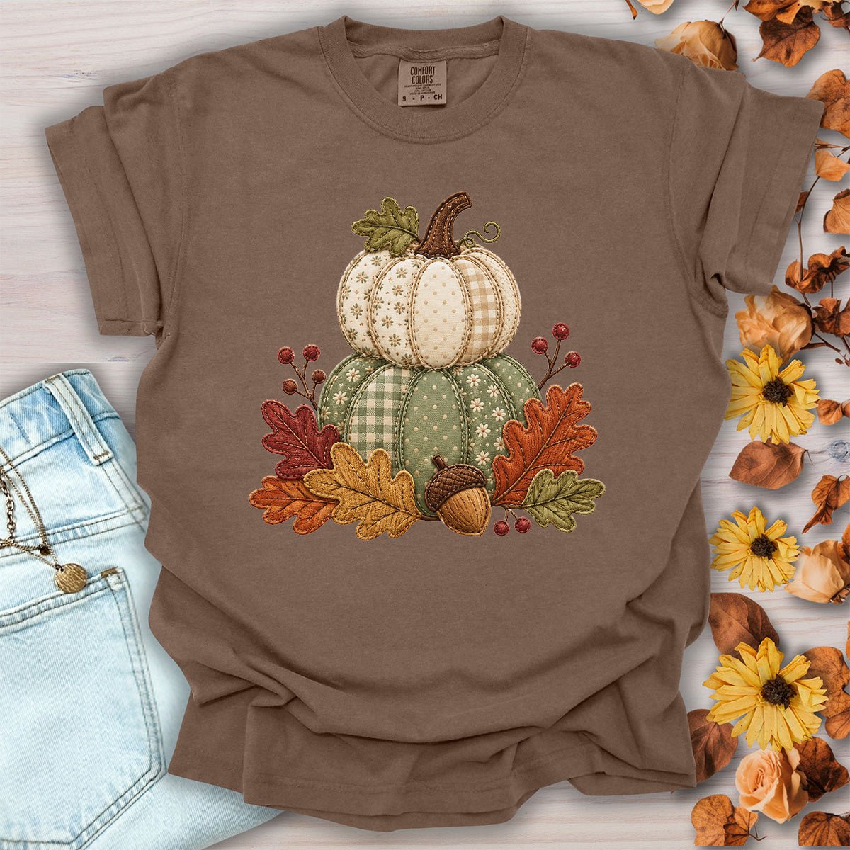 Faux Patchwork Pumpkin Harvest T-Shirt