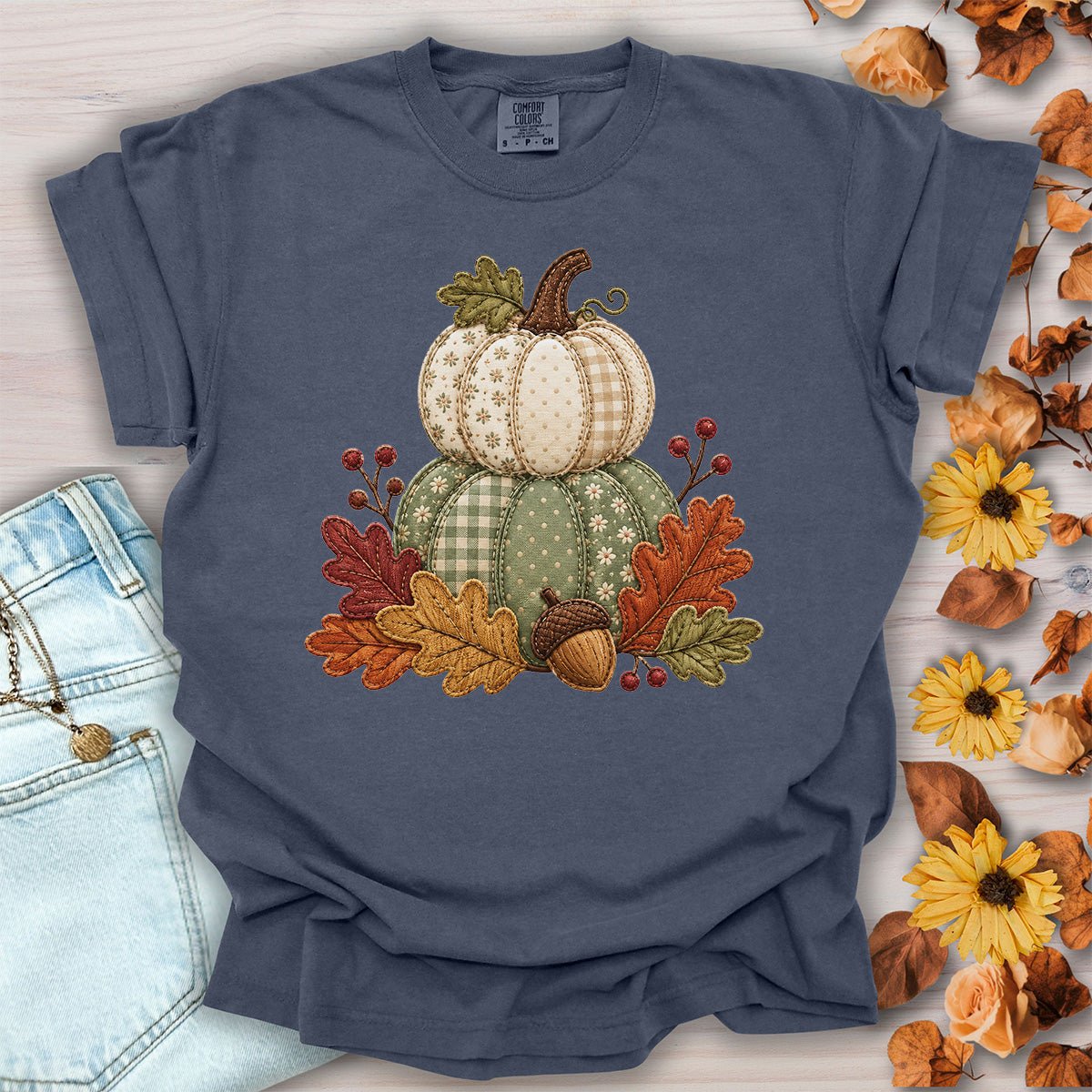 Faux Patchwork Pumpkin Harvest T-Shirt