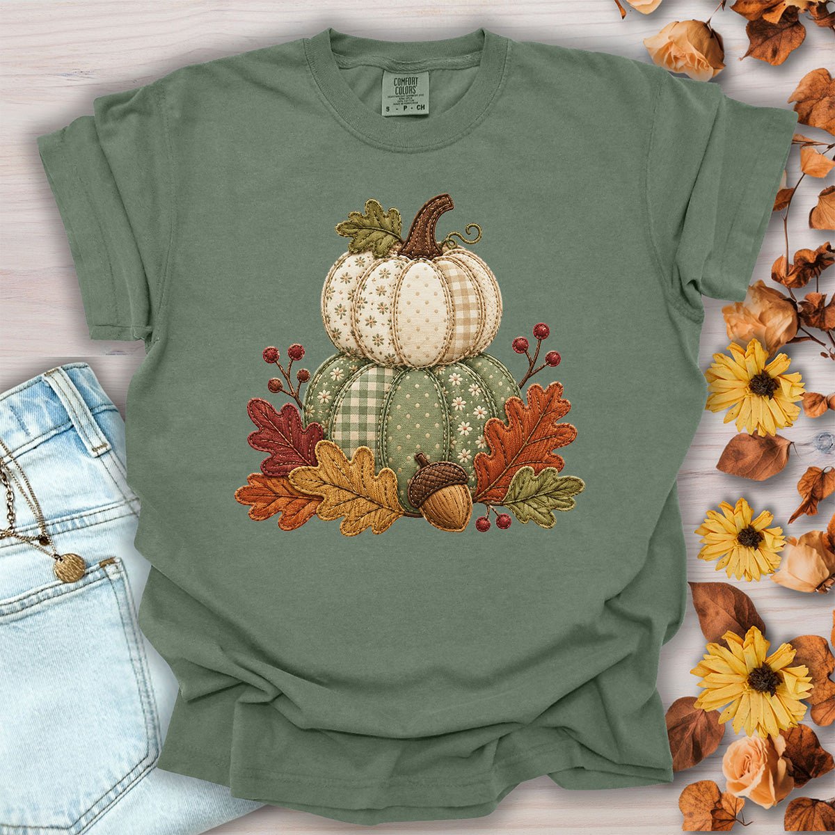 Faux Patchwork Pumpkin Harvest T-Shirt