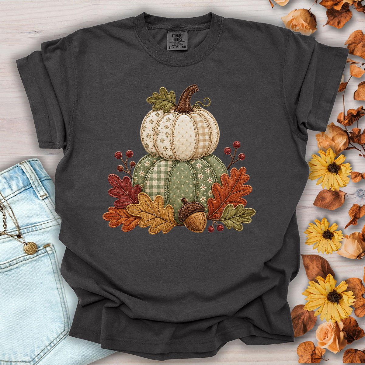 Faux Patchwork Pumpkin Harvest T-Shirt