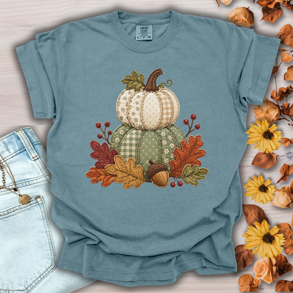 Faux Patchwork Pumpkin Harvest T-Shirt