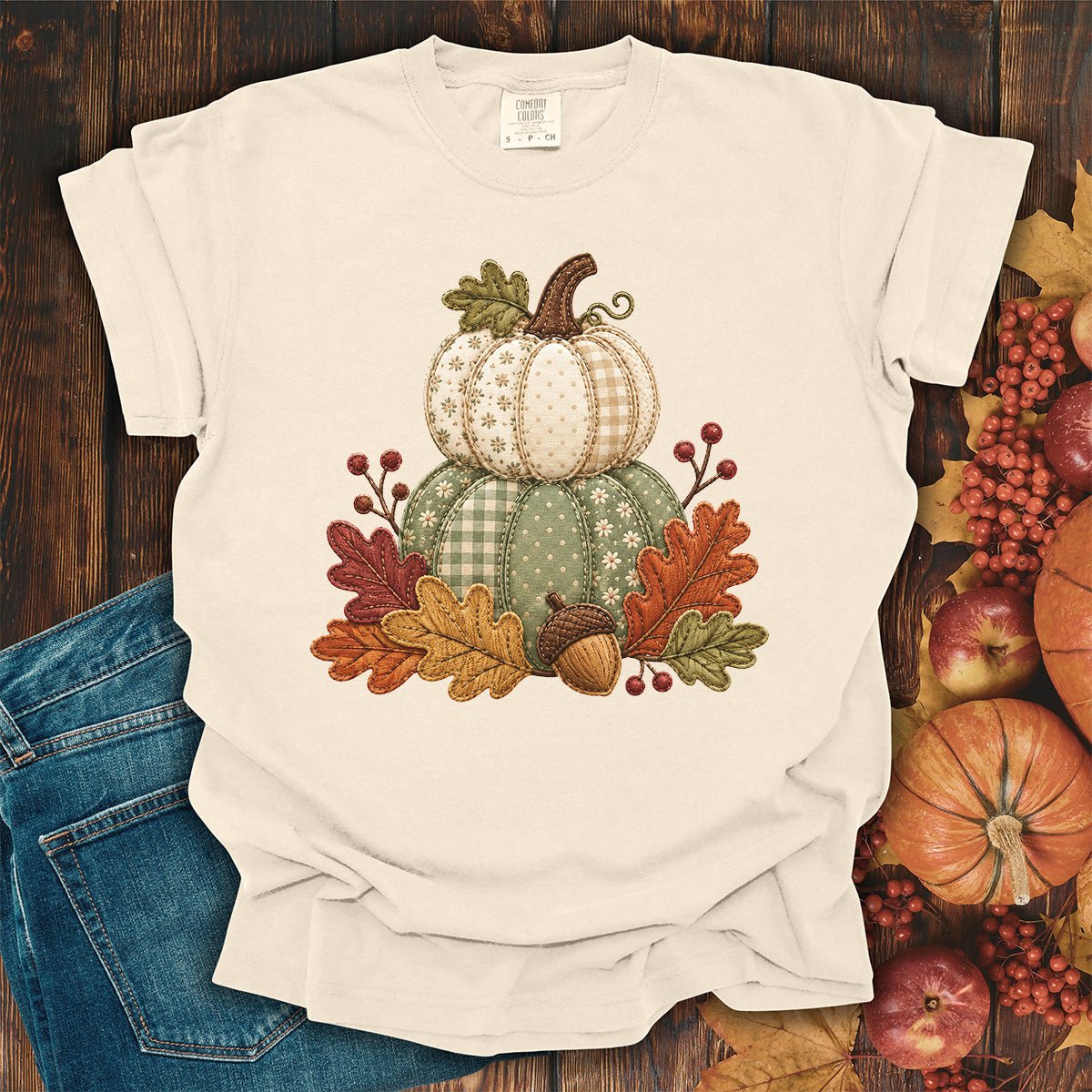 Faux Patchwork Pumpkin Harvest T-Shirt