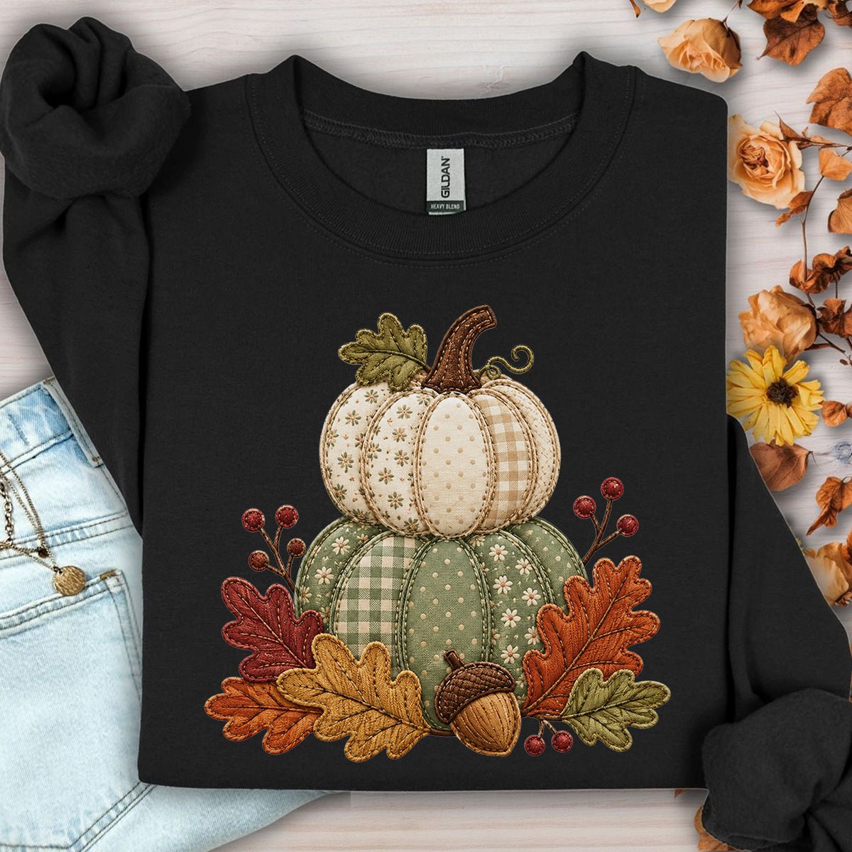 Faux Patchwork Pumpkin Harvest Sweatshirt