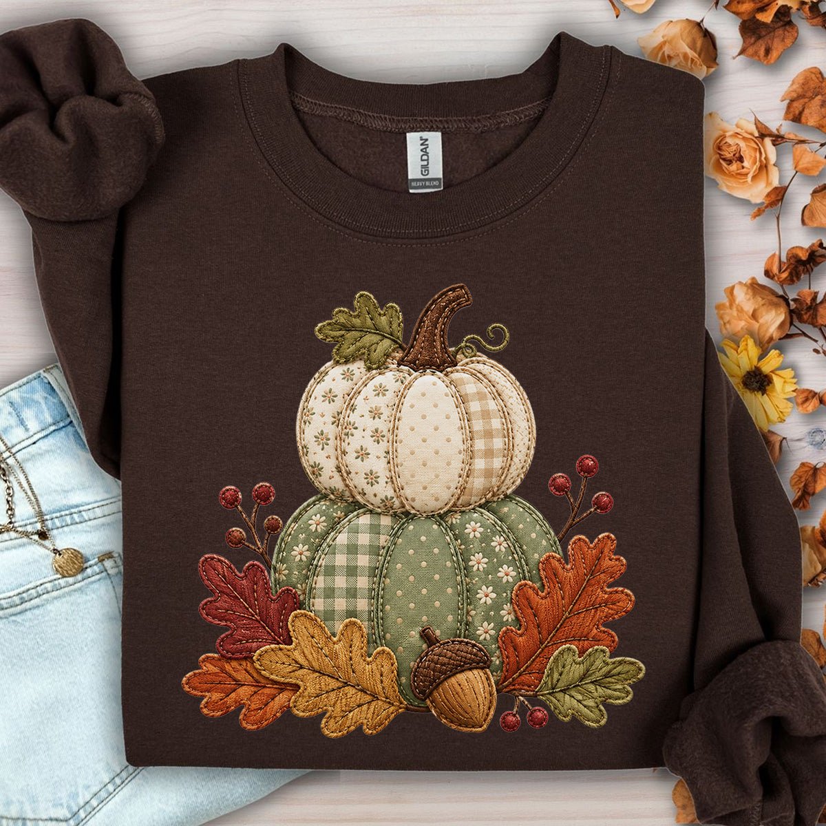 Faux Patchwork Pumpkin Harvest Sweatshirt