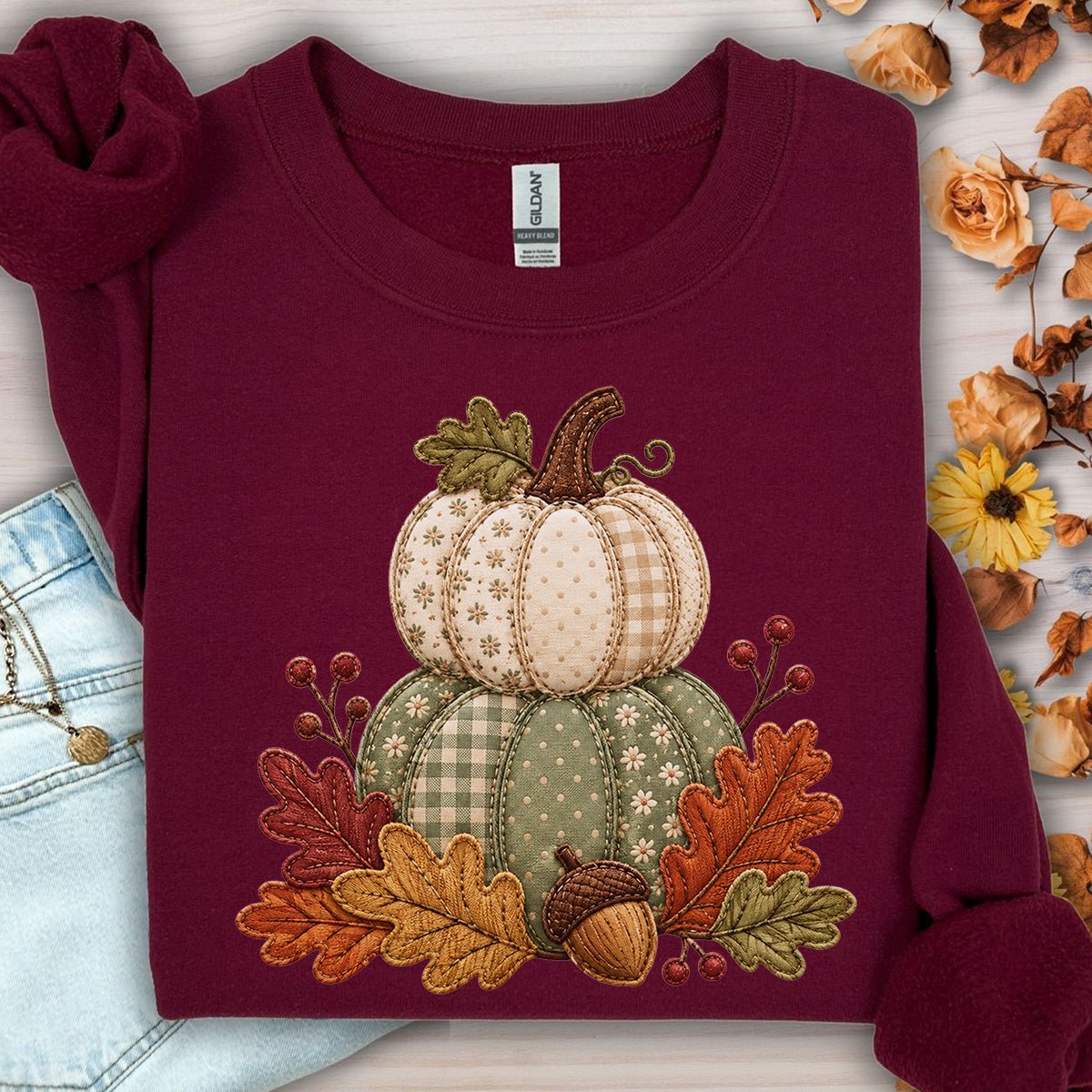 Faux Patchwork Pumpkin Harvest Sweatshirt