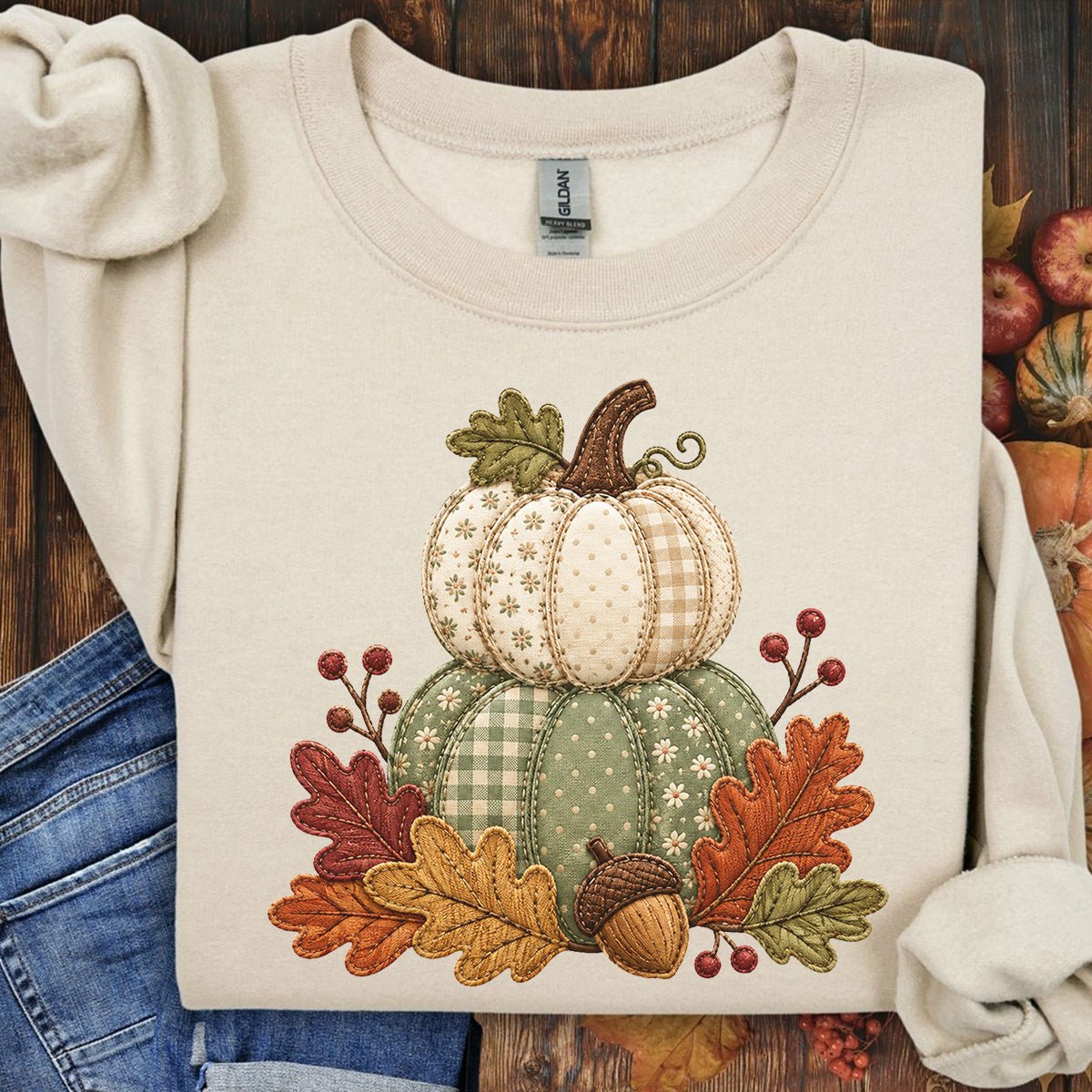 Faux Patchwork Pumpkin Harvest Sweatshirt