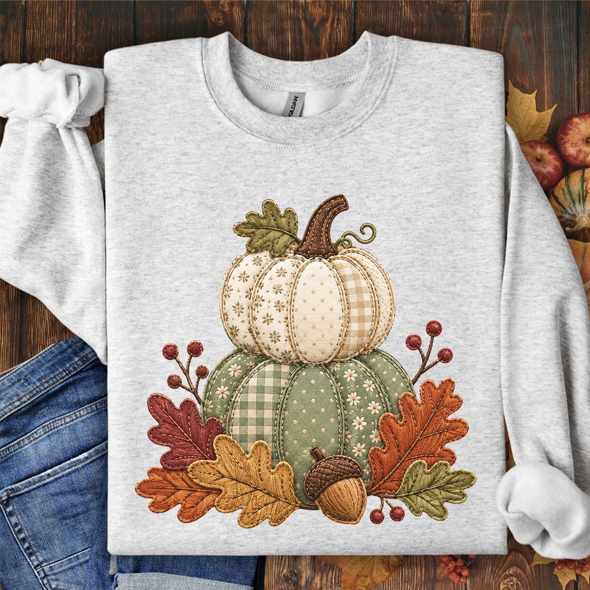 Faux Patchwork Pumpkin Harvest Sweatshirt