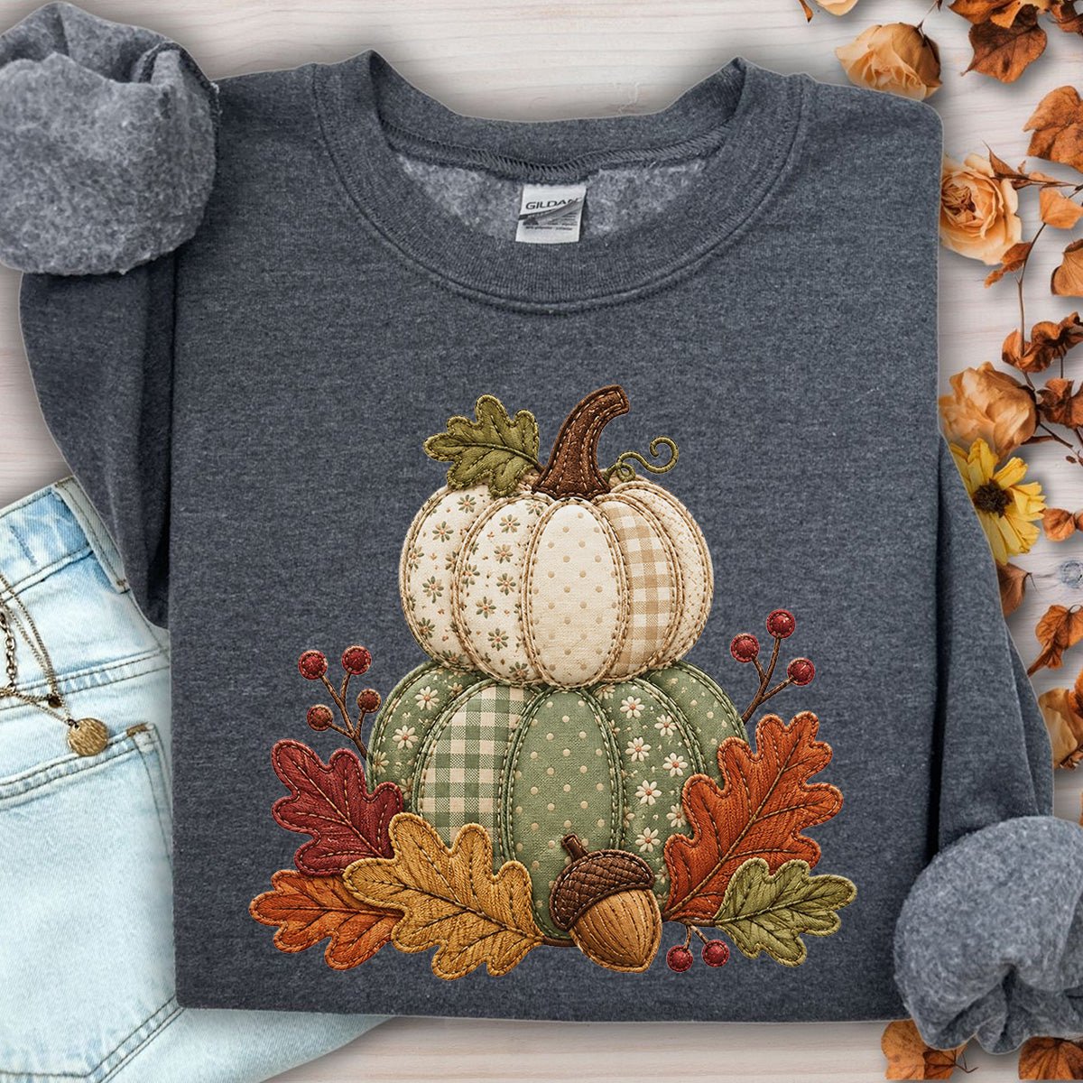 Faux Patchwork Pumpkin Harvest Sweatshirt