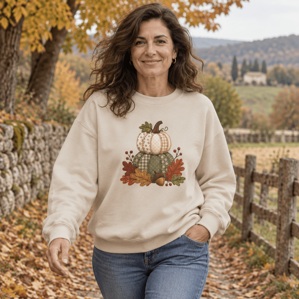 Faux Patchwork Pumpkin Harvest Sweatshirt
