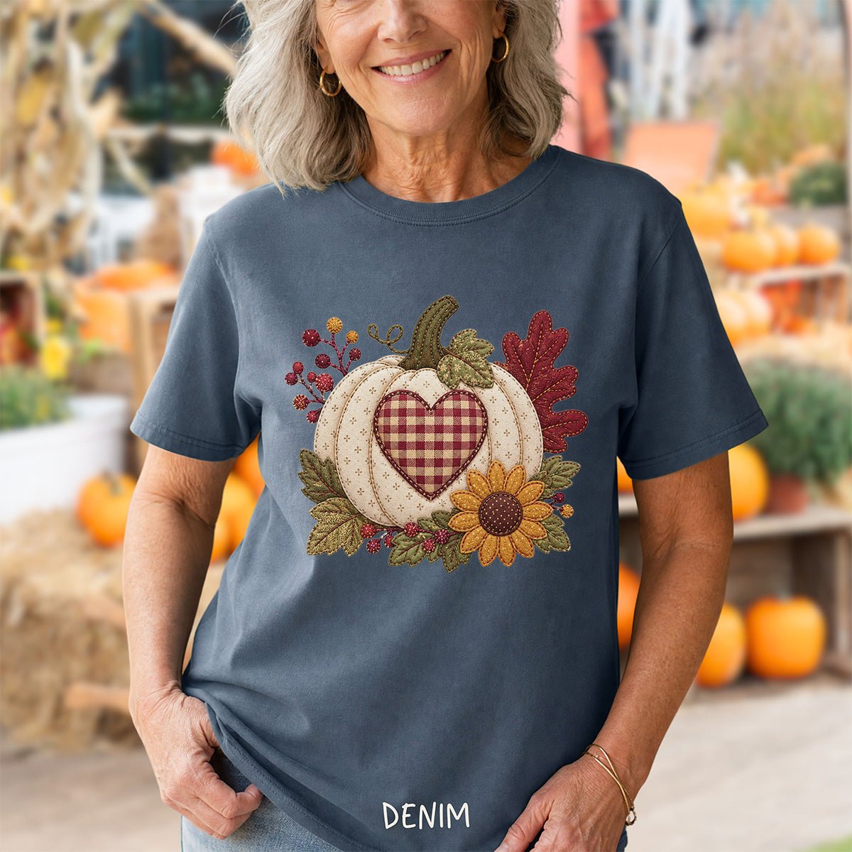 Faux Patchwork Pumpkin Heart T-Shirt