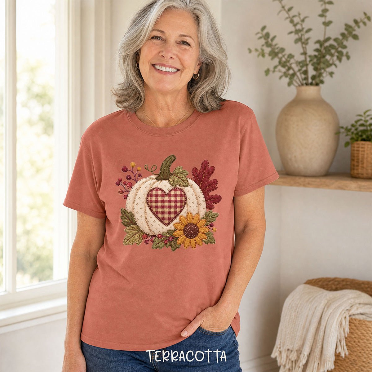 Faux Patchwork Pumpkin Heart T-Shirt
