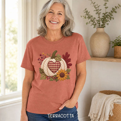 Faux Patchwork Pumpkin Heart T-Shirt