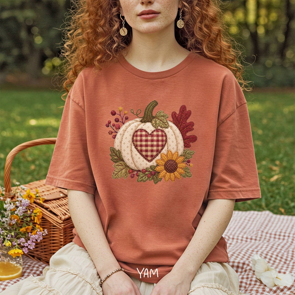 Faux Patchwork Pumpkin Heart T-Shirt