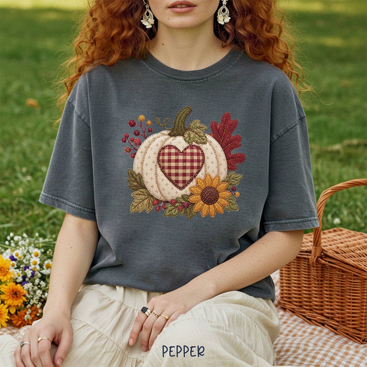 Faux Patchwork Pumpkin Heart T-Shirt
