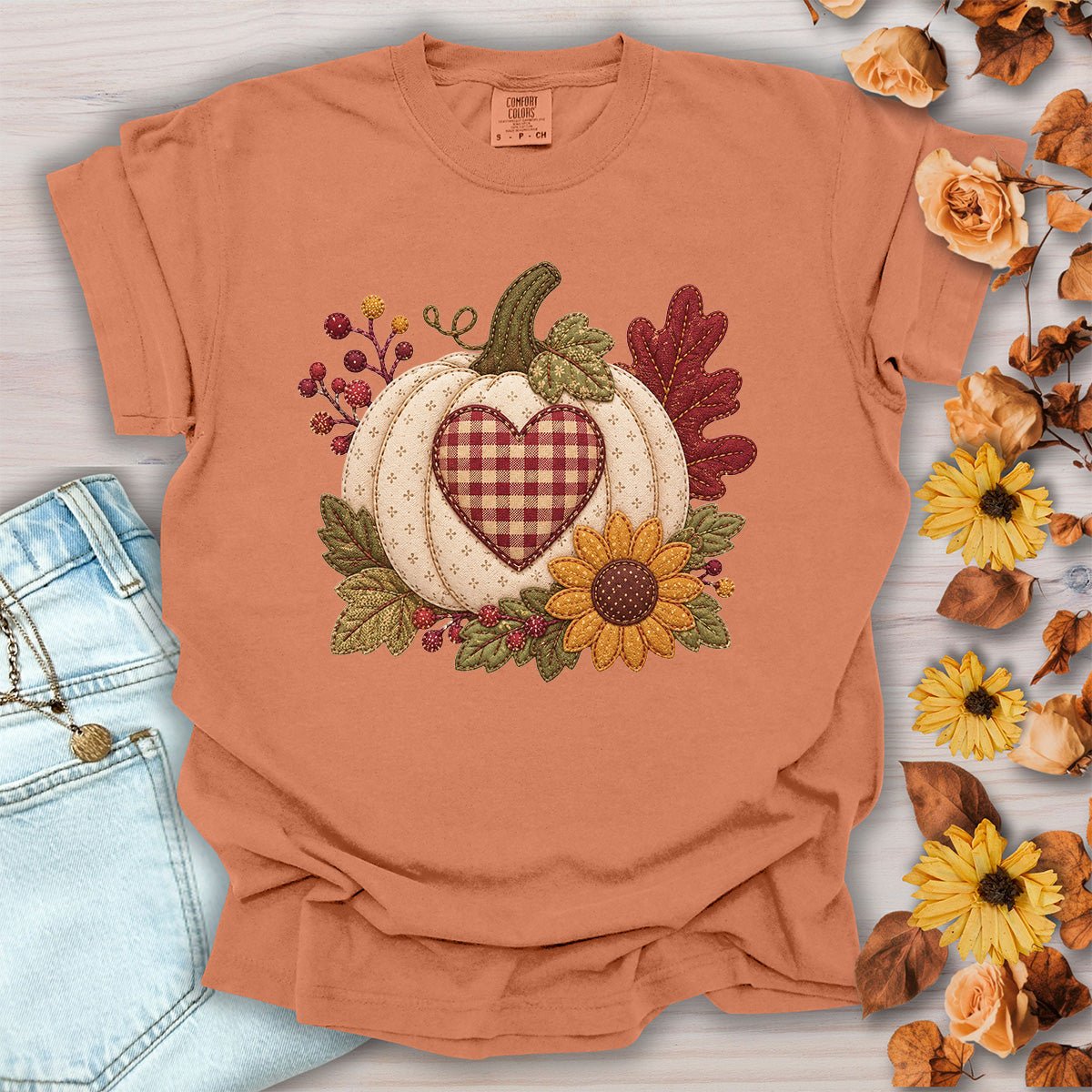 Faux Patchwork Pumpkin Heart T-Shirt