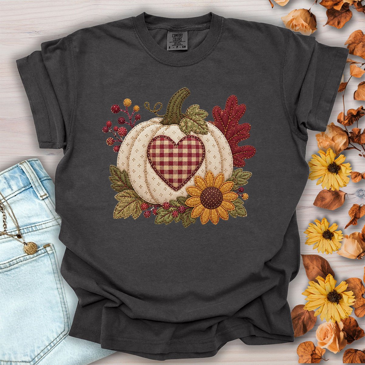 Faux Patchwork Pumpkin Heart T-Shirt