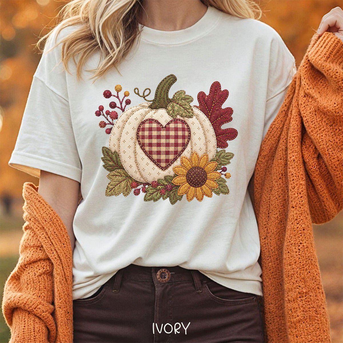Faux Patchwork Pumpkin Heart T-Shirt