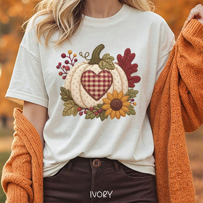 Faux Patchwork Pumpkin Heart T-Shirt