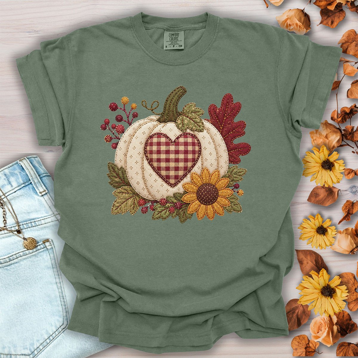 Faux Patchwork Pumpkin Heart T-Shirt