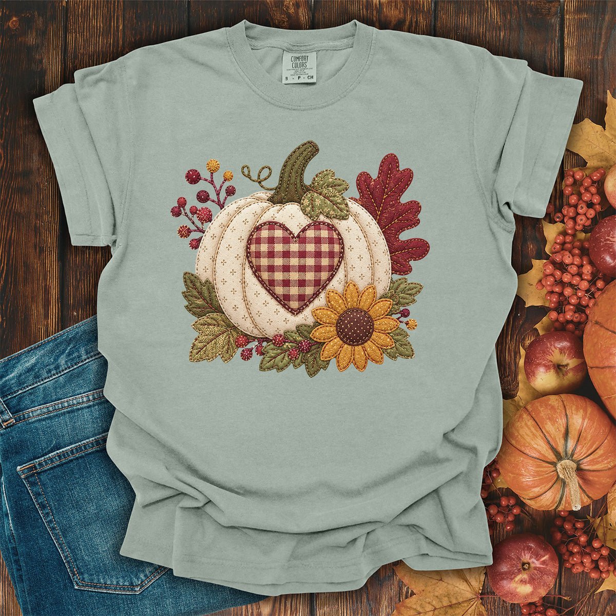 Faux Patchwork Pumpkin Heart T-Shirt