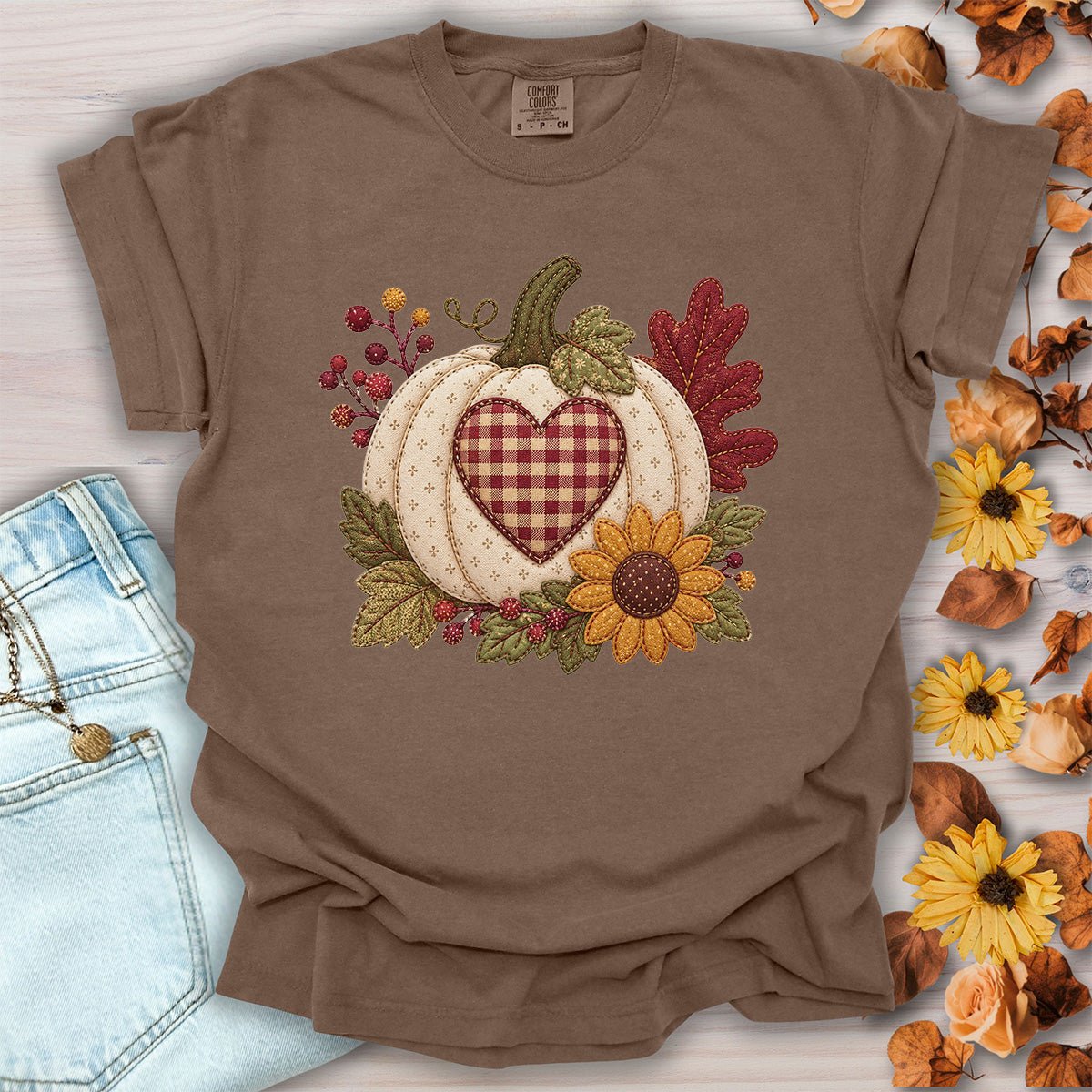 Faux Patchwork Pumpkin Heart T-Shirt