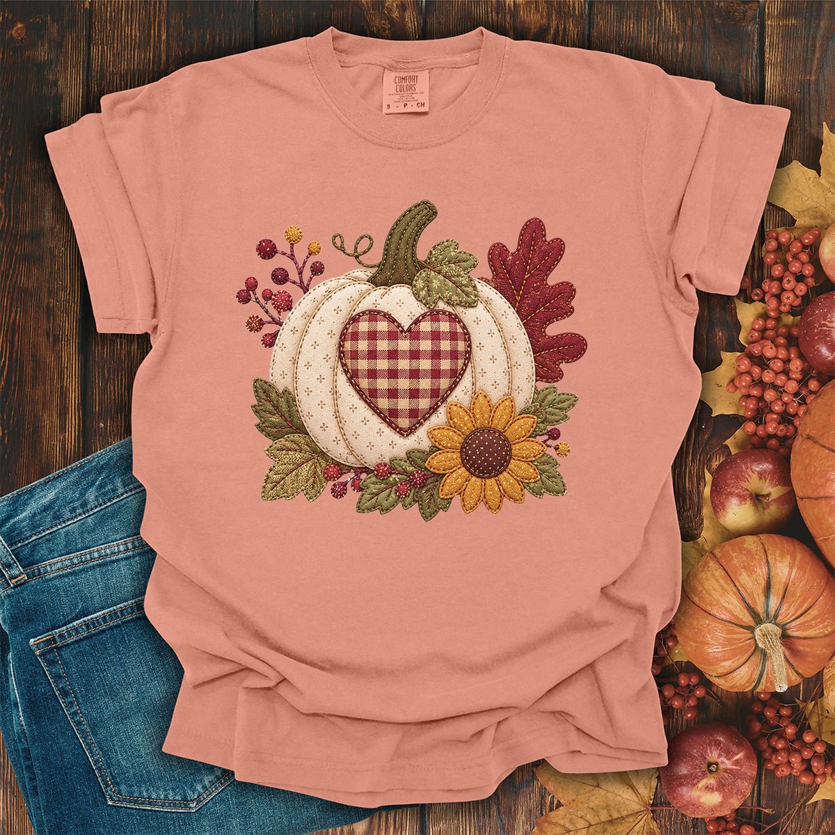 Faux Patchwork Pumpkin Heart T-Shirt