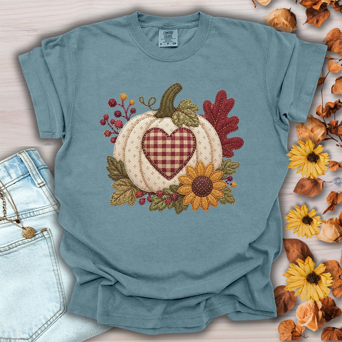 Faux Patchwork Pumpkin Heart T-Shirt