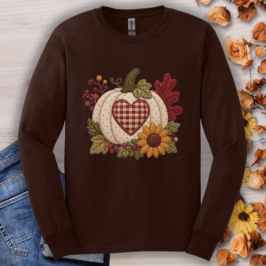 Faux Patchwork Pumpkin Heart Long Sleeve Tee