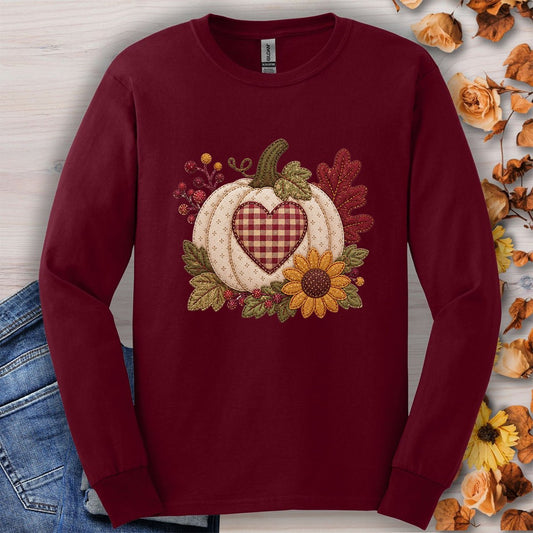 Faux Patchwork Pumpkin Heart Long Sleeve Tee