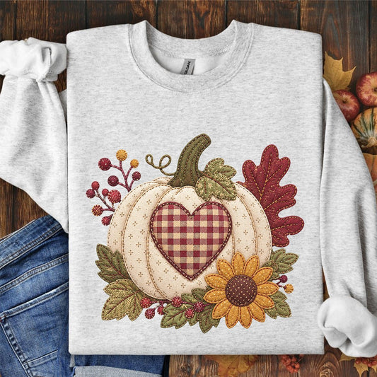 Faux Patchwork Pumpkin Heart Sweatshirt