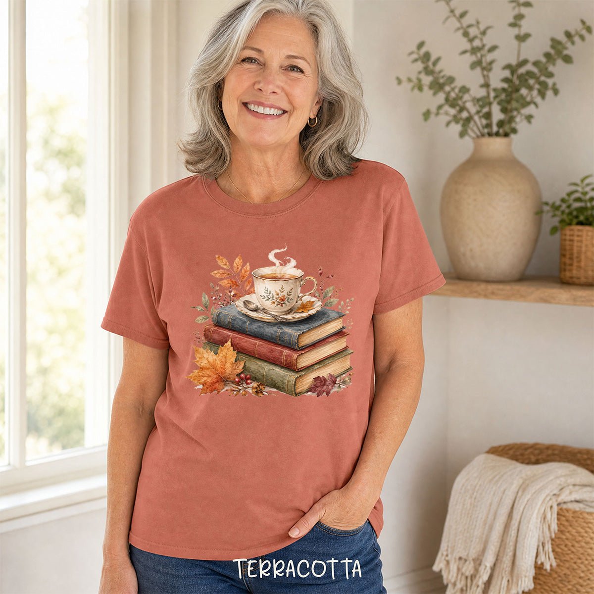 Autumn Cozy Books & Teacup T-Shirt