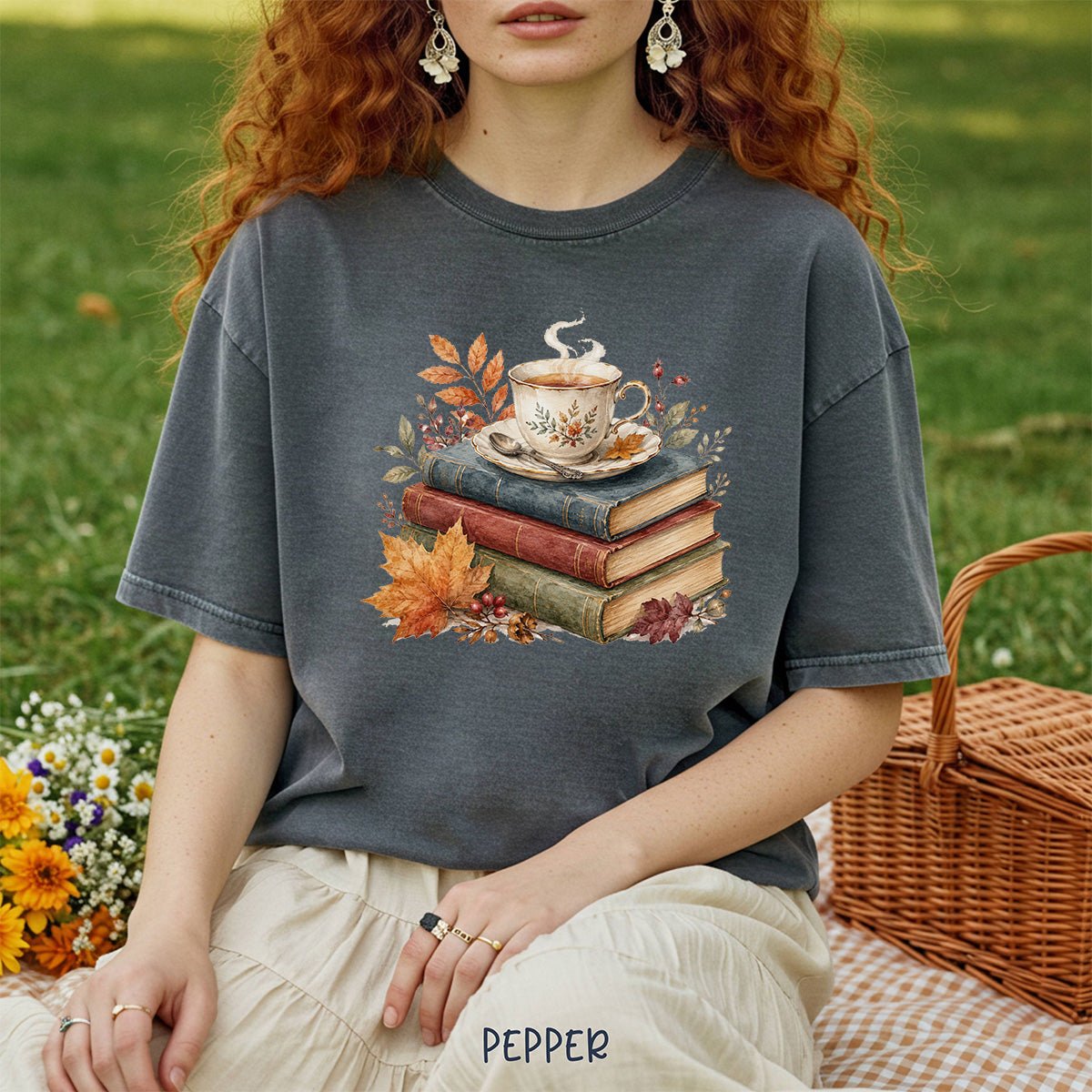 Autumn Cozy Books & Teacup T-Shirt