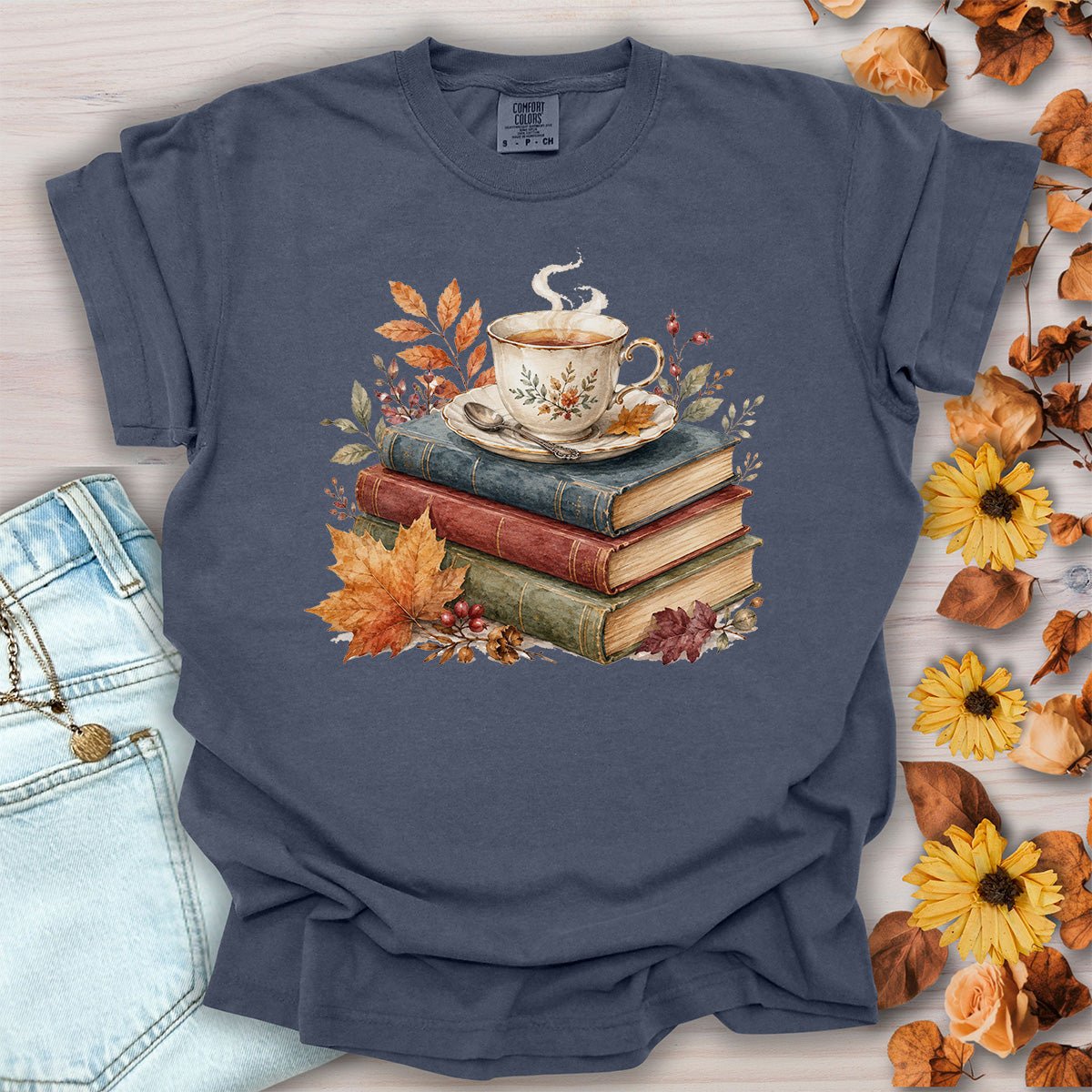 Autumn Cozy Books & Teacup T-Shirt