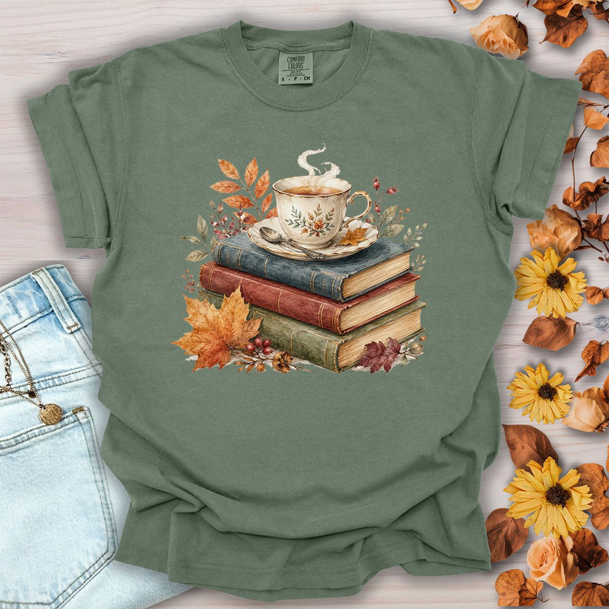 Autumn Cozy Books & Teacup T-Shirt