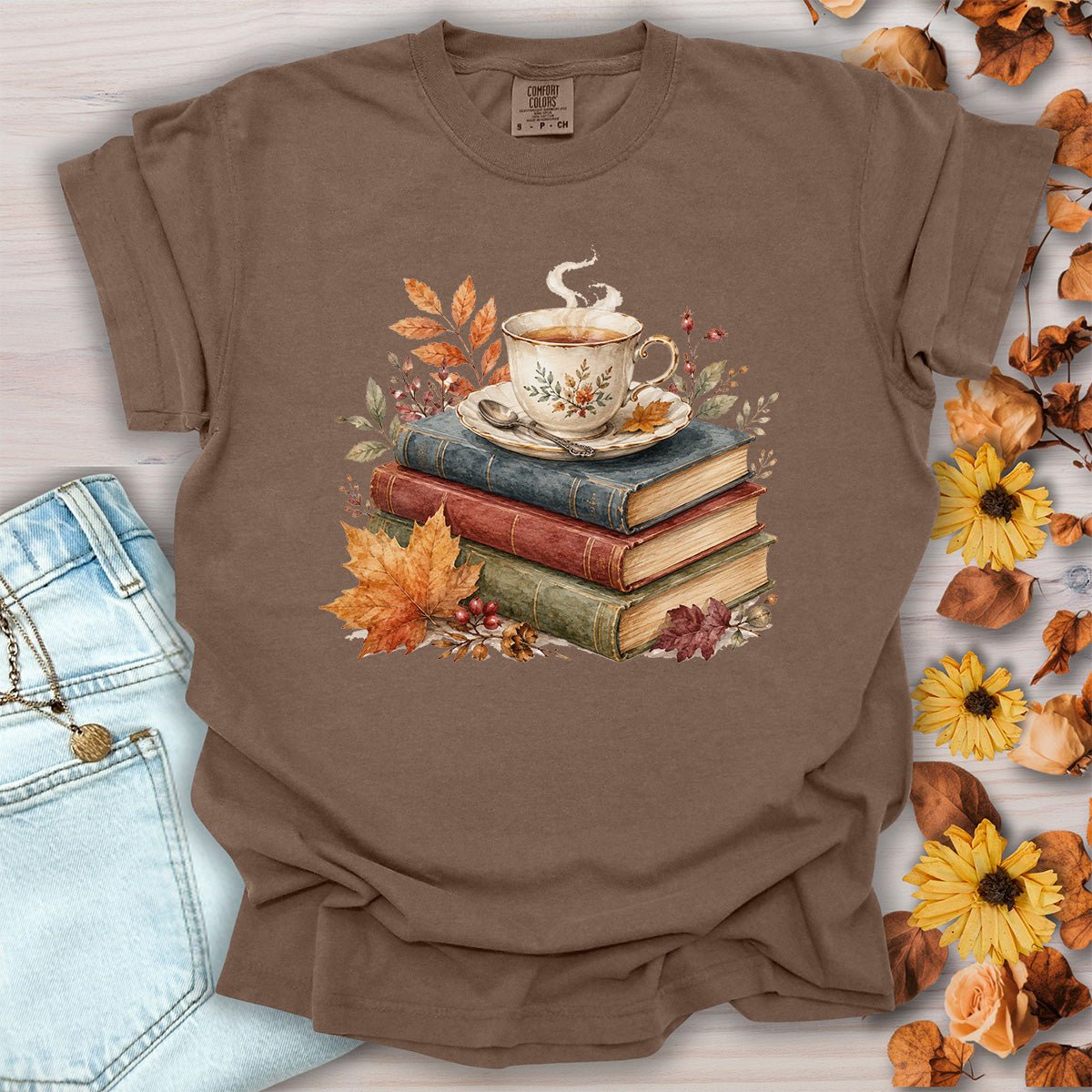 Autumn Cozy Books & Teacup T-Shirt