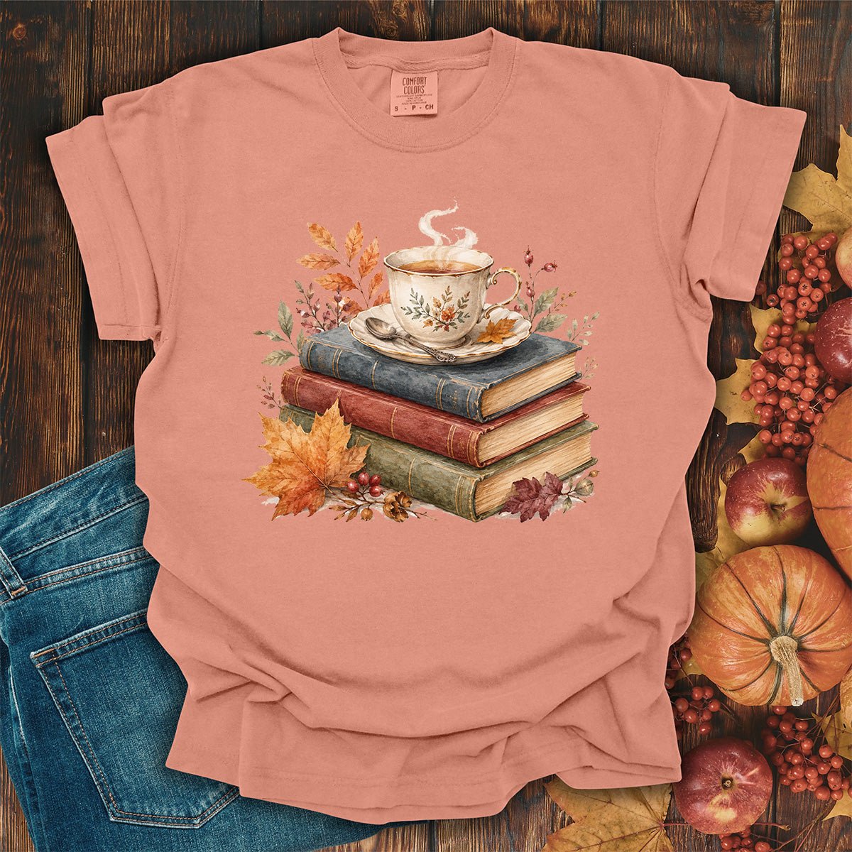 Autumn Cozy Books & Teacup T-Shirt