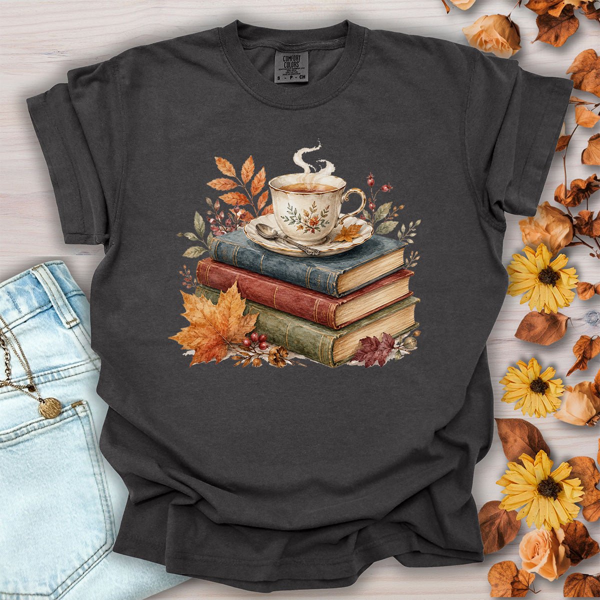 Autumn Cozy Books & Teacup T-Shirt