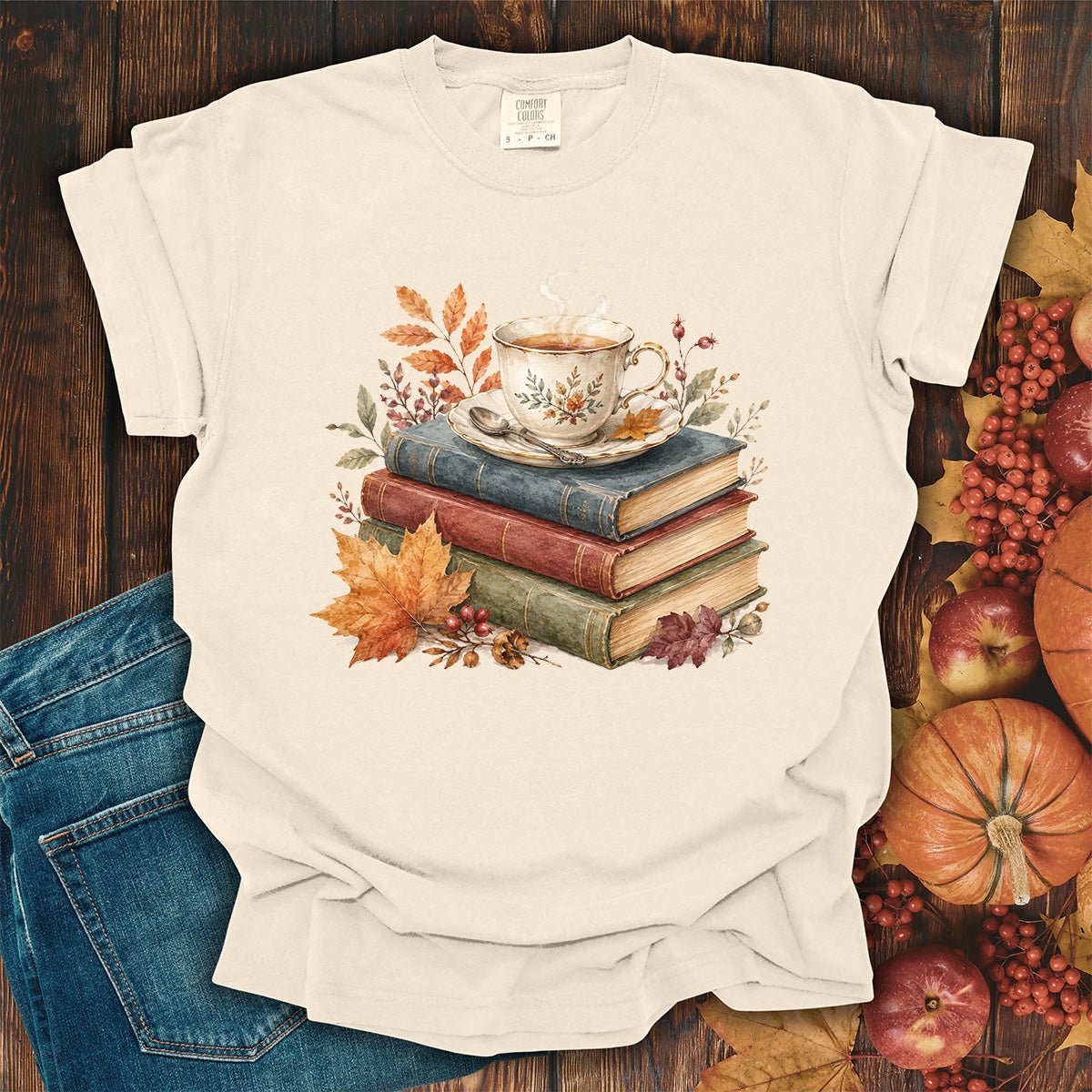 Autumn Cozy Books & Teacup T-Shirt
