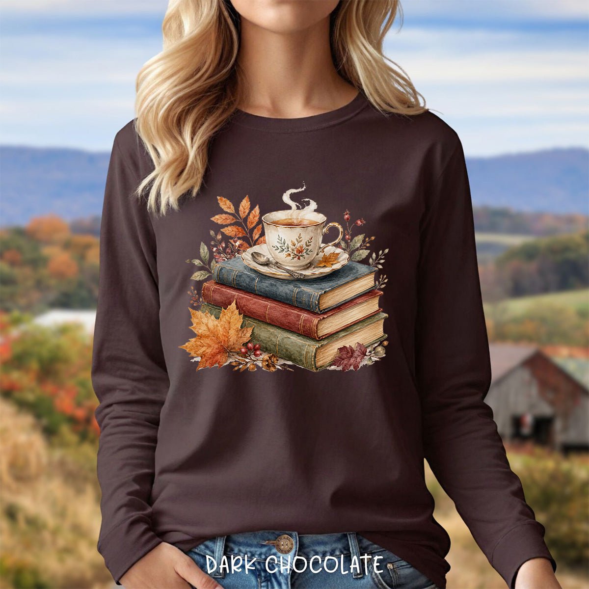 Autumn Cozy Books & Teacup Long Sleeve Tee