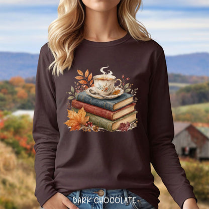 Autumn Cozy Books & Teacup Long Sleeve Tee
